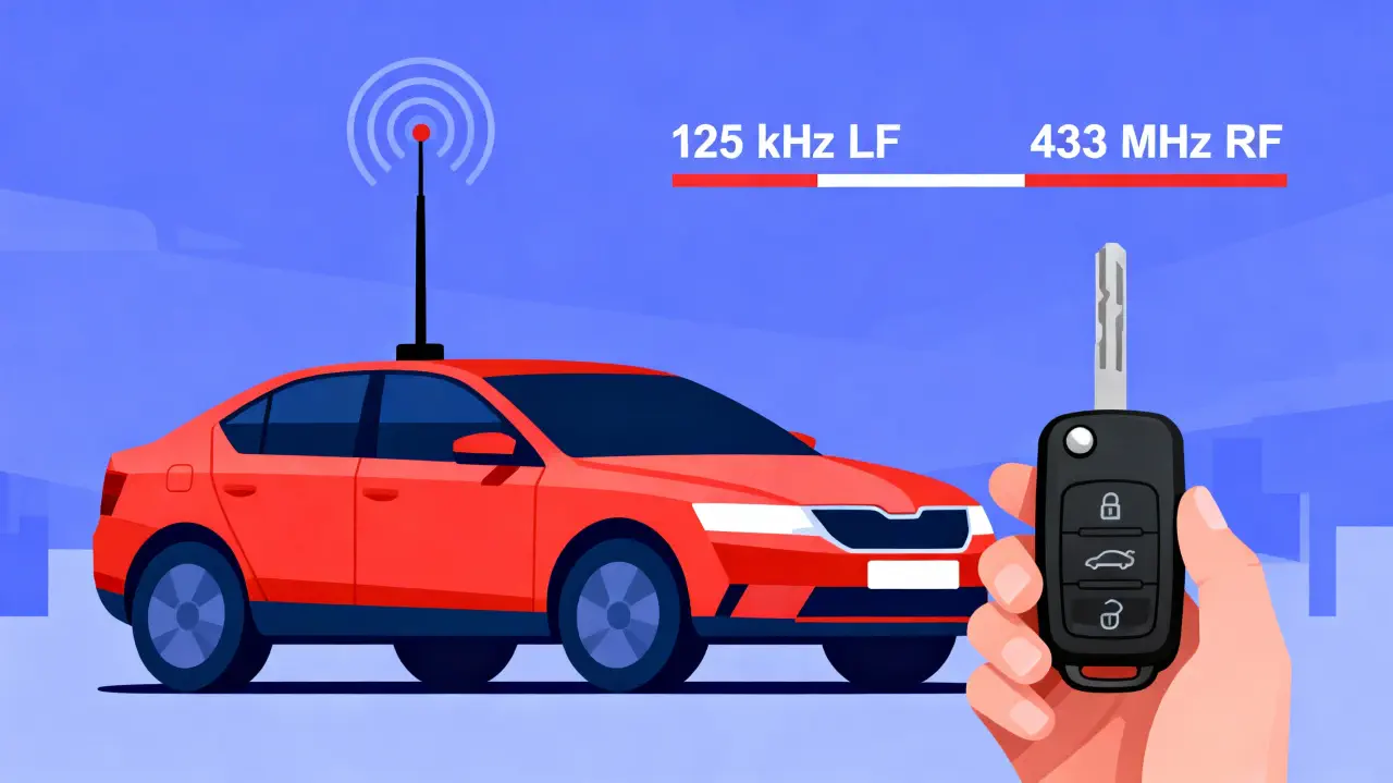 Ilustracja pokazująca anteny w aucie i kluczyku (125 kHz LF + 433 MHz RF)